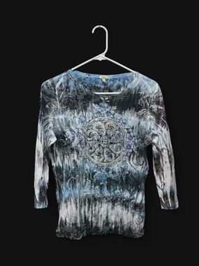 Reba Blue and Black Tie-Dye Medallion Long Sleeve Tee